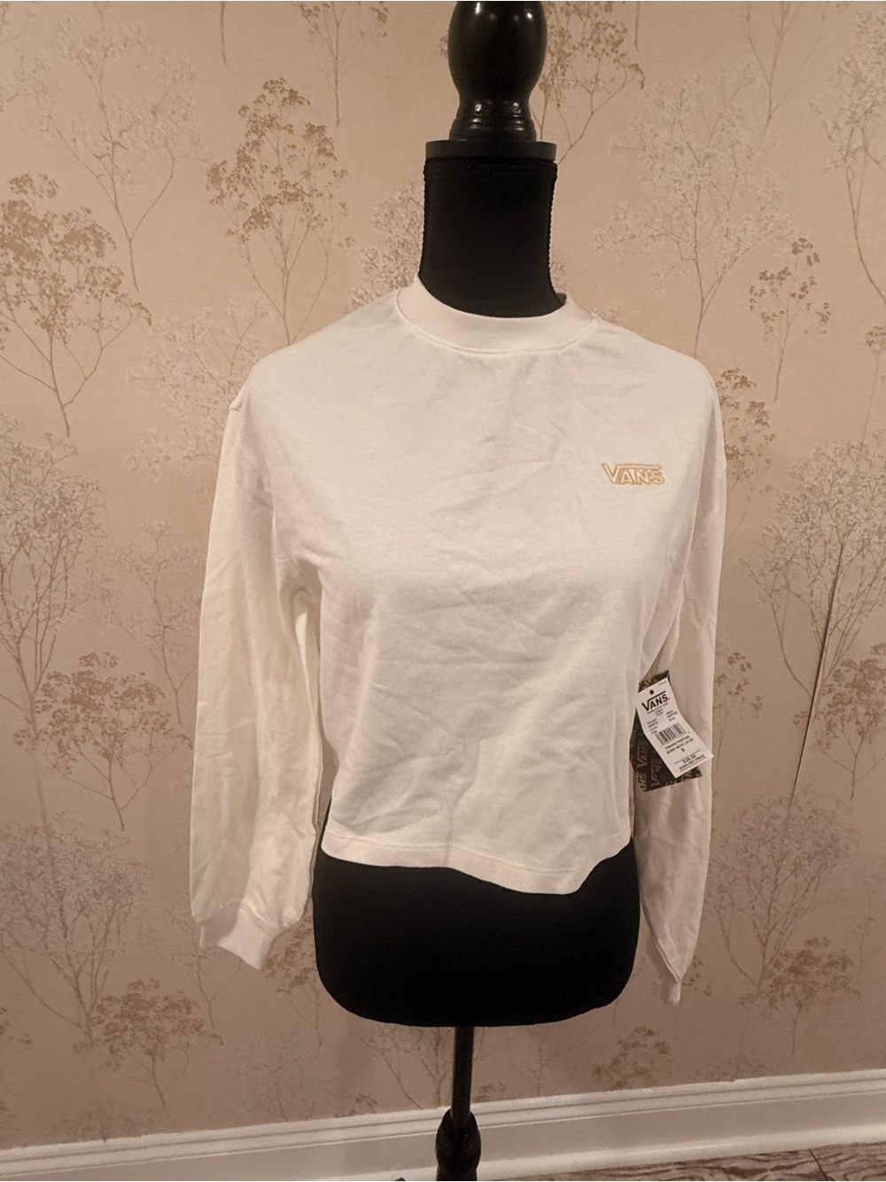 Vans White Cropped Long-Sleeve Crew Top with Small Logo